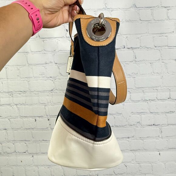Coach Stripe Canvas Leather Trim Tote Bag Satchel Shoulder Bag Large Academia - Picture 14 of 16